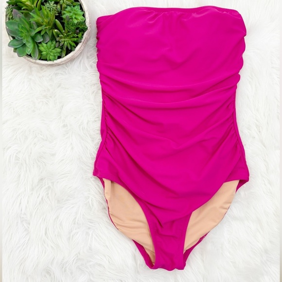 J. Crew Fushia Ruched Bandeau One-PieceSwim Swimsuit Size Small - Picture 1 of 13